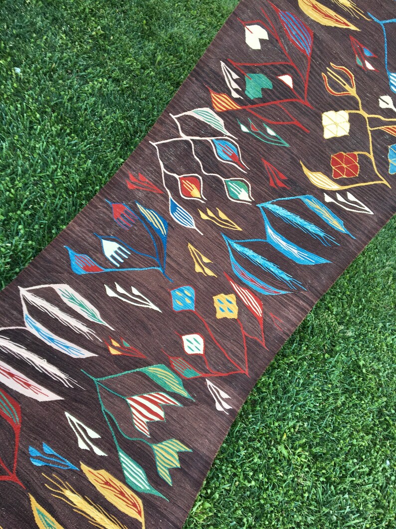 Puede incluir: Una alfombra marr&oacute;n con un patr&oacute;n geom&eacute;trico en tonos de azul, amarillo, rojo, verde y blanco. El patr&oacute;n presenta hojas estilizadas y diamantes.