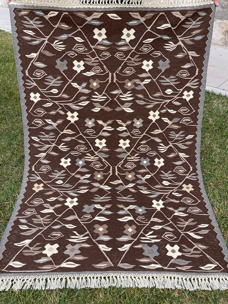 Alfombra de lana natural de flores, 3'8 x 5'4 pies, alfombra turca, alfombra de color marrón, alfombra Kilim, alfombra Oushak, alfombra tejida a mano, alfombra vintage, alfombra de área, alfombra de piso imagen 6