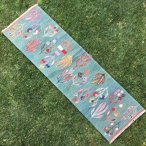 Kelimtapijt, loper, groene loper, bloemen loper, handgeweven loper, gangkleed, Turkse Oushak-loper, groene kelimloper, 2 'x 7'