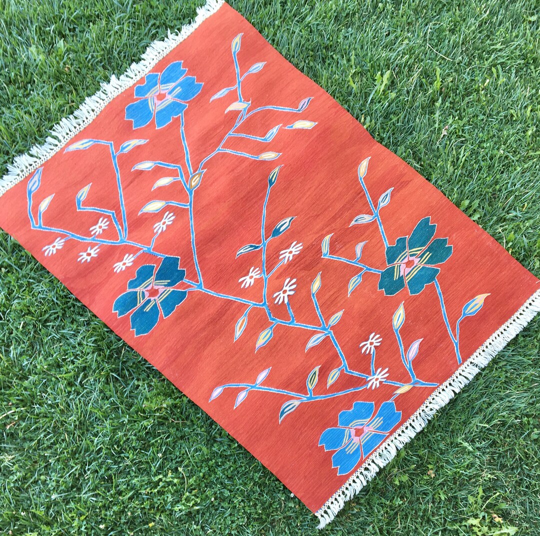 Handmade Red Area Rug, Flowers Pattern Wool Red Blue and Green Oushak ...