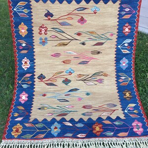 May include: A beige rug with a blue border and a pattern of stylized leaves and flowers in shades of pink, blue, red, and green. The rug has a fringe border.