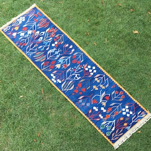 Floral Pattern Wool Indigo Blue Handmade Kilim Runner Rug, Turkish Runner Rug, Navy Blue Short Runner, Kilim Rug Runner, Hallway Rug,8’6x2’4