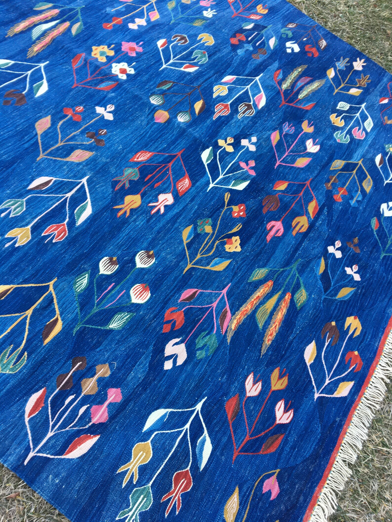 Rustic Oriental Blue Floor Flowering Rug, Turkish Kilim Rug, Oushak Rug ...