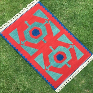 Hand Woven Kilim, Oriental Kilim, 3x5 Kilim, Red and Green Kilim, Turkish Kilim, Small Area Kilim, Bedroom Kilim, Minimalist Kilim, 3’3x5’