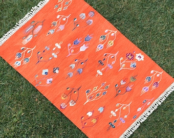 Tappeto Kilim arancione con motivo floreale 3 x 5, tappeti a fiori, kilim tessuto a mano, nuovo tappeto Kilim fatto a mano, tappeto Kilim boho, tappeto Kilim colorato
