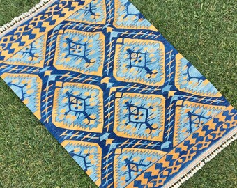 Tappeto Kilim blu anatolico, tappeto turco, tappeto Oushak, tappeti Kilim da pavimento, tappeto fatto a mano, vendita di tappeti, tappeto blu, tappeto boho, 3'8"x5'7" piedi