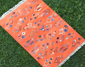 Tappeto arancione 4x6 piedi, tappeto in lana fatto a mano, tappeto Kilim con motivo floreale, tappeto Oushak, Kelim Teppich, tappeto decorativo per pavimenti di casa