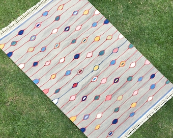 Kelimtapijt, handgeweven kelim, woondecoratie grijs tapijt, handgemaakt tapijt, kleurrijk tapijt, boho-tapijt, moderne kelim, kelimkleed, oosters tapijt, 3'8 x 6'1
