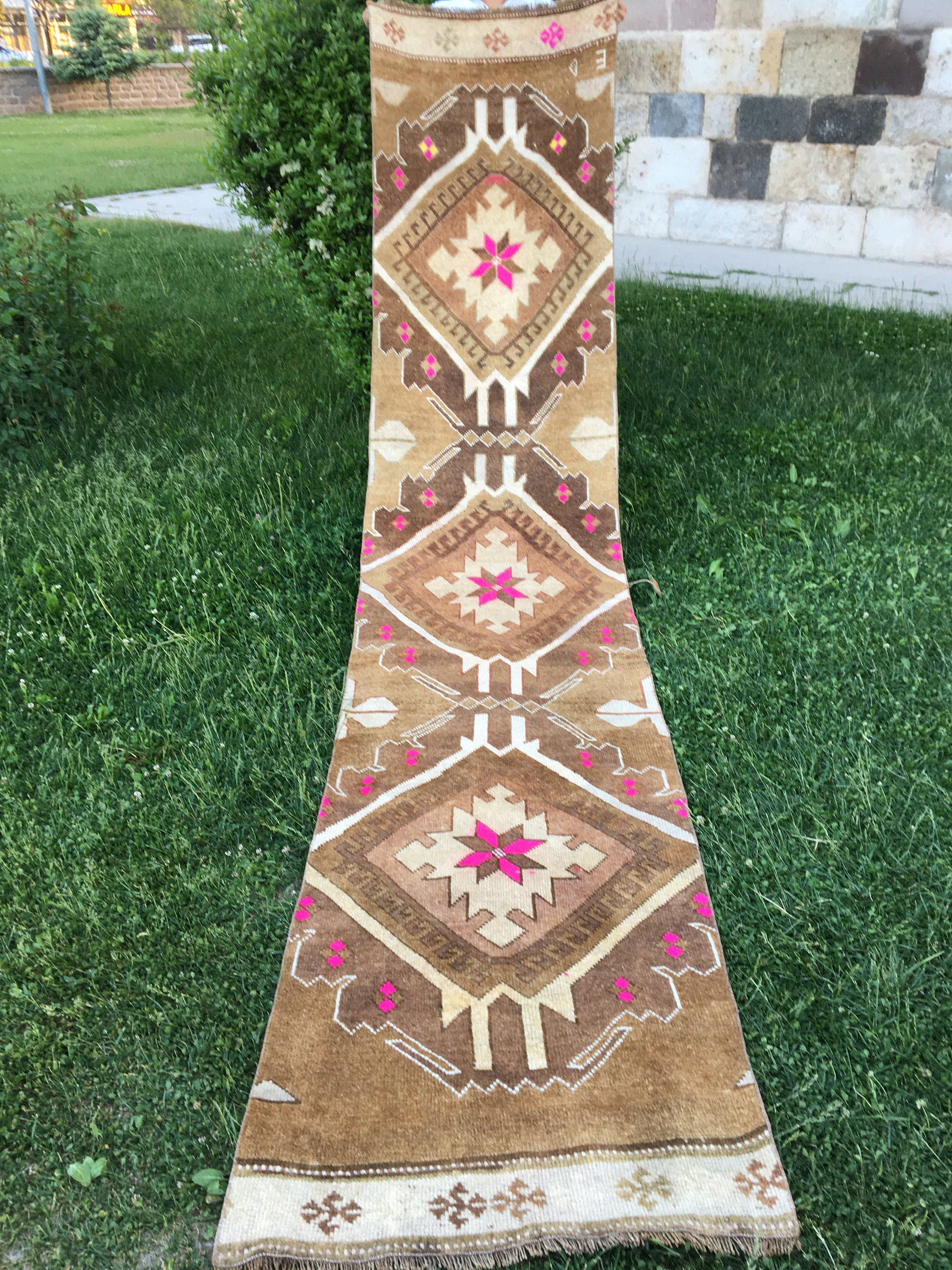Brown and Pink Antique Runner Rug Turkish Runner Entry Rug Etsy UK