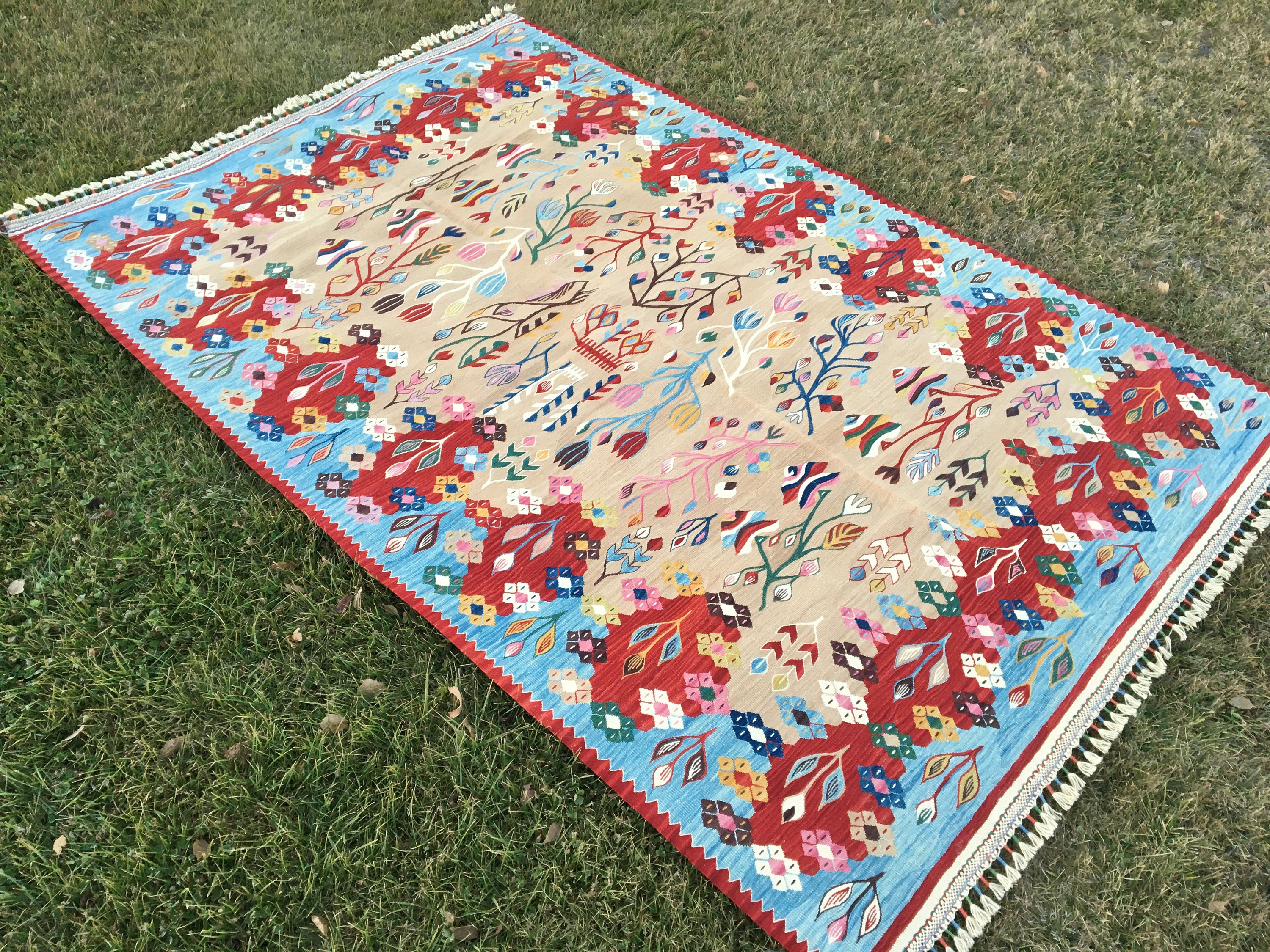 Bohemian Oriental Large Area Rug, Wool Flowers Carpet Kilim, Turkish Oushak Rug, Handmade Rug, Living Room Rug, Bedroom Rug, 8’1”x5’4” Feet