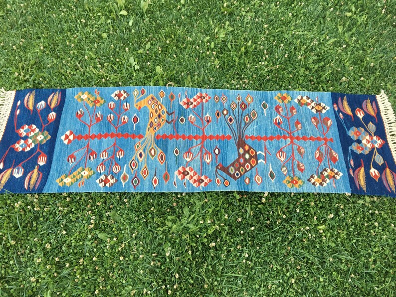 Handwoven Blue Runner Rug Rustic Small Runner Rug Vintage Etsy