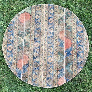 Vintage Oushak Round Rug, Door Mat Rug, Turkish Rug, Entry Round Rug, Handmade Round Rug, Distressed Floor Round Rug, 4’x4’ feet