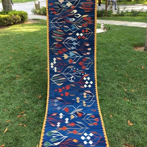 May include: A long, narrow rug with a blue background and a colorful geometric pattern. The rug has a yellow border and white fringe.