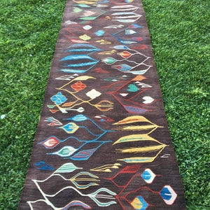 Puede incluir: Una alfombra larga y estrecha con fondo marr&oacute;n y un patr&oacute;n geom&eacute;trico colorido. El patr&oacute;n presenta hojas estilizadas, diamantes y otras formas en tonos de azul, rojo, amarillo, verde y blanco.
