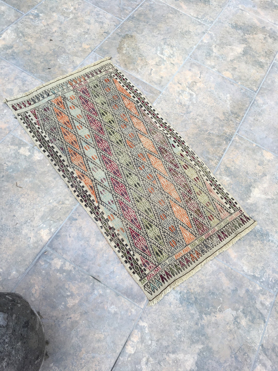 Handwoven Embroidery Small Antique Rug, Bath Mat Rug Vintage, Small ...