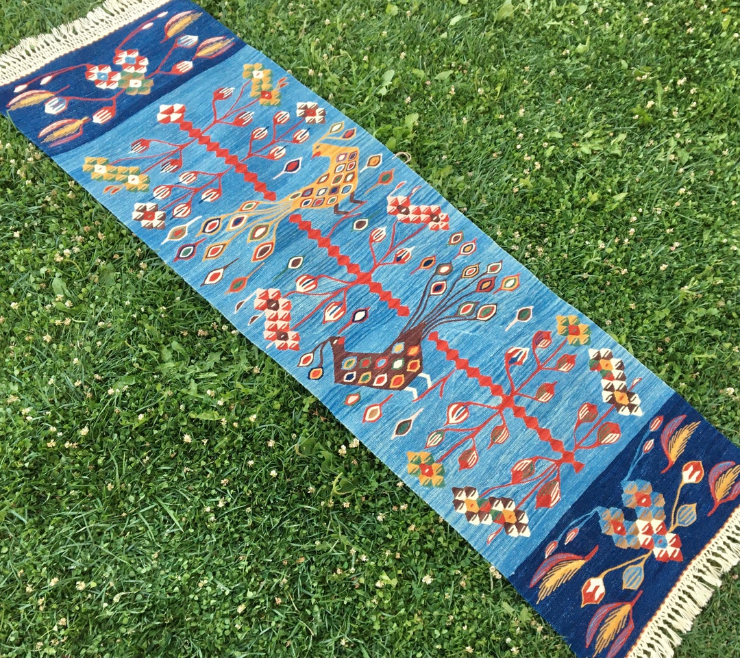 Handwoven Blue Runner Rug Rustic Small Runner Rug Vintage Etsy