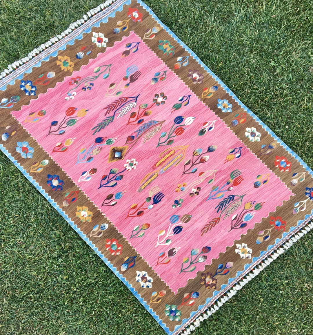 Boho Rug, Pink Kilim Rug, Turkish Pink Rug, Pink Floor Rugs, Pink Wool