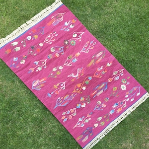 Fuchsia Color Rug, Flowers Pattern Rug, Kilim Rug, Hand Weavin Rug, Pink Wool Rug, Oushak Rug, Area Rug, Bohemian Home Living Rug, 4’x6’ ft