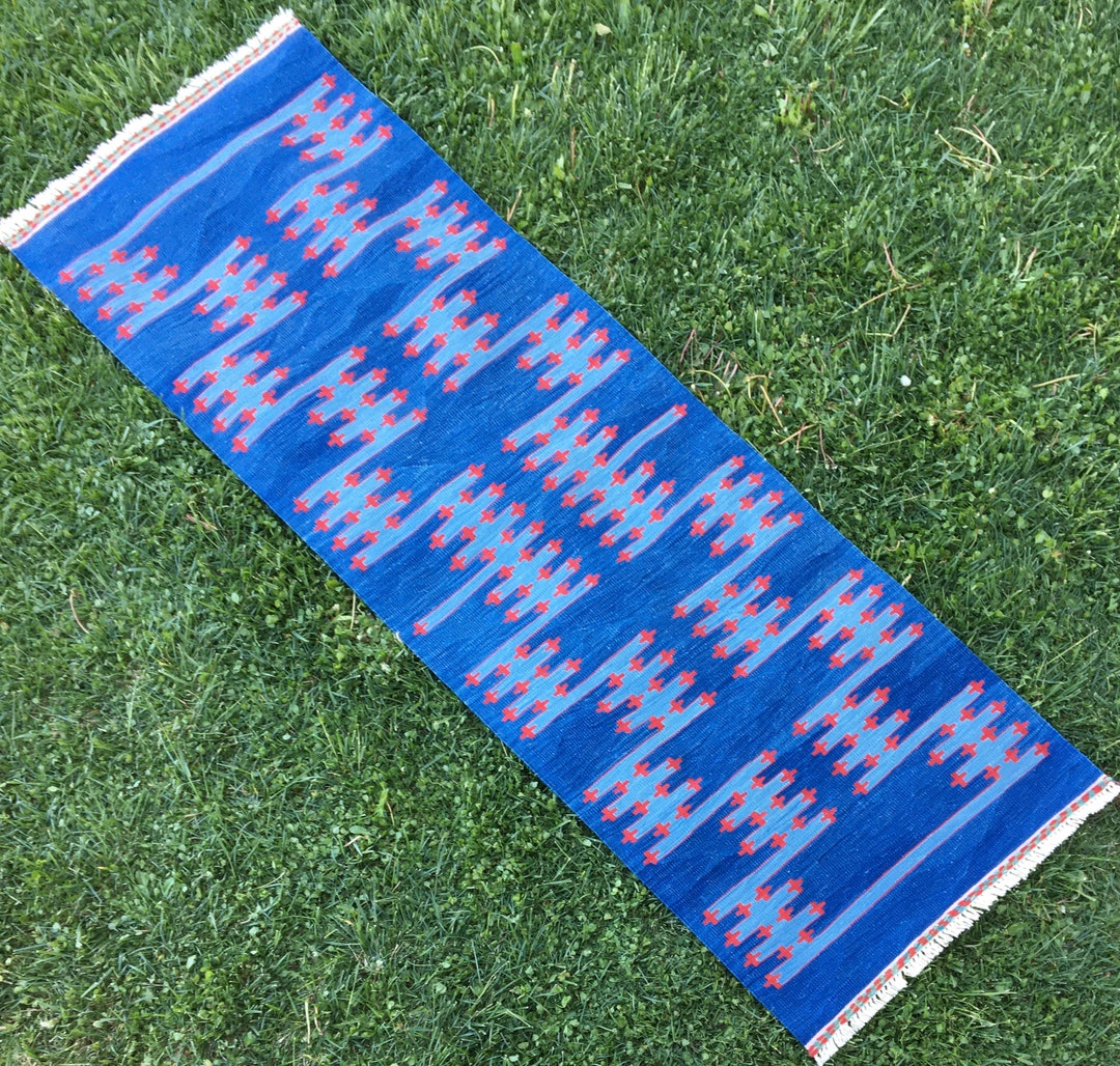 Indigo Blue Kilim Rug, Kilim Runner, Blue Runner Rug, Modern Blue