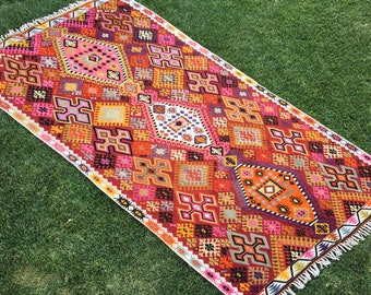 Färgstark matta, Kilim matta, vintage matta, turkisk matta från 1920-talet, matta för vardagsrum, röd rosa grön blå Kilim matta, antik matta, 12'6"x6'5"