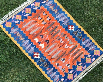Tappeto Kilim floreale arancione e blu 3'3x5', tappeto tessuto a mano, Kilim orientale, tappeto colorato Boho, Area Teppich, tappeto Kilim turco
