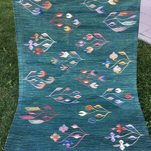 Puede incluir: Una alfombra azul verdosa con borde de flecos presenta un patr&oacute;n repetitivo de dise&ntilde;os florales estilizados en tonos de rosa, naranja, amarillo, azul y verde.