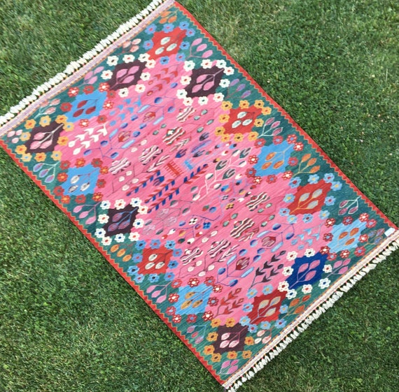Flowering Pink Carpet, Turkis Antique Rug, Vintage Oushak Rug, Handmade Carpet, Romania Rug, Pink Kilim Rug, Hand Woven Rug, 3’8”x5’5” ft