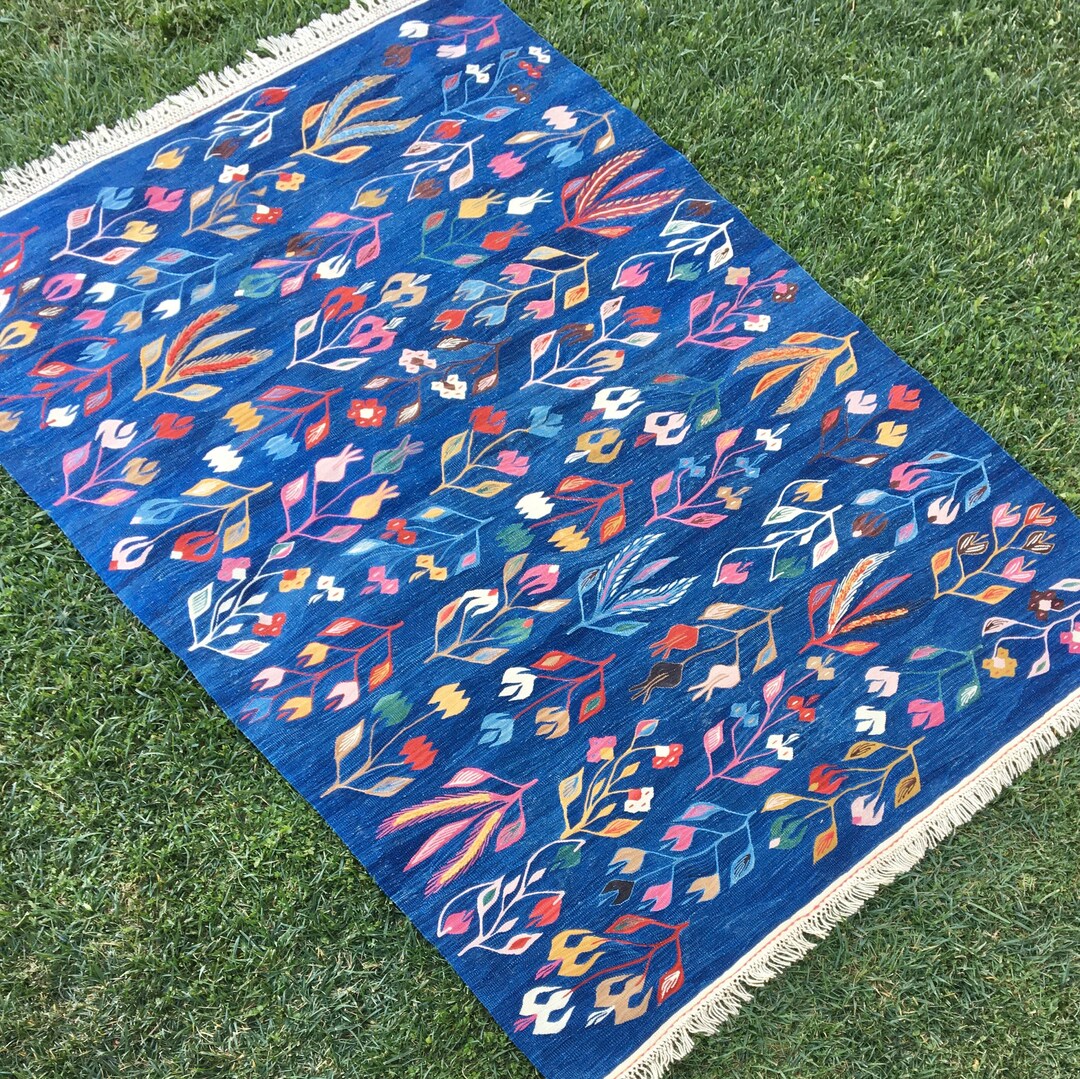 Oriental Blue Kilim Rug Flower Blue Kilim Rug Turkish Rug Etsy