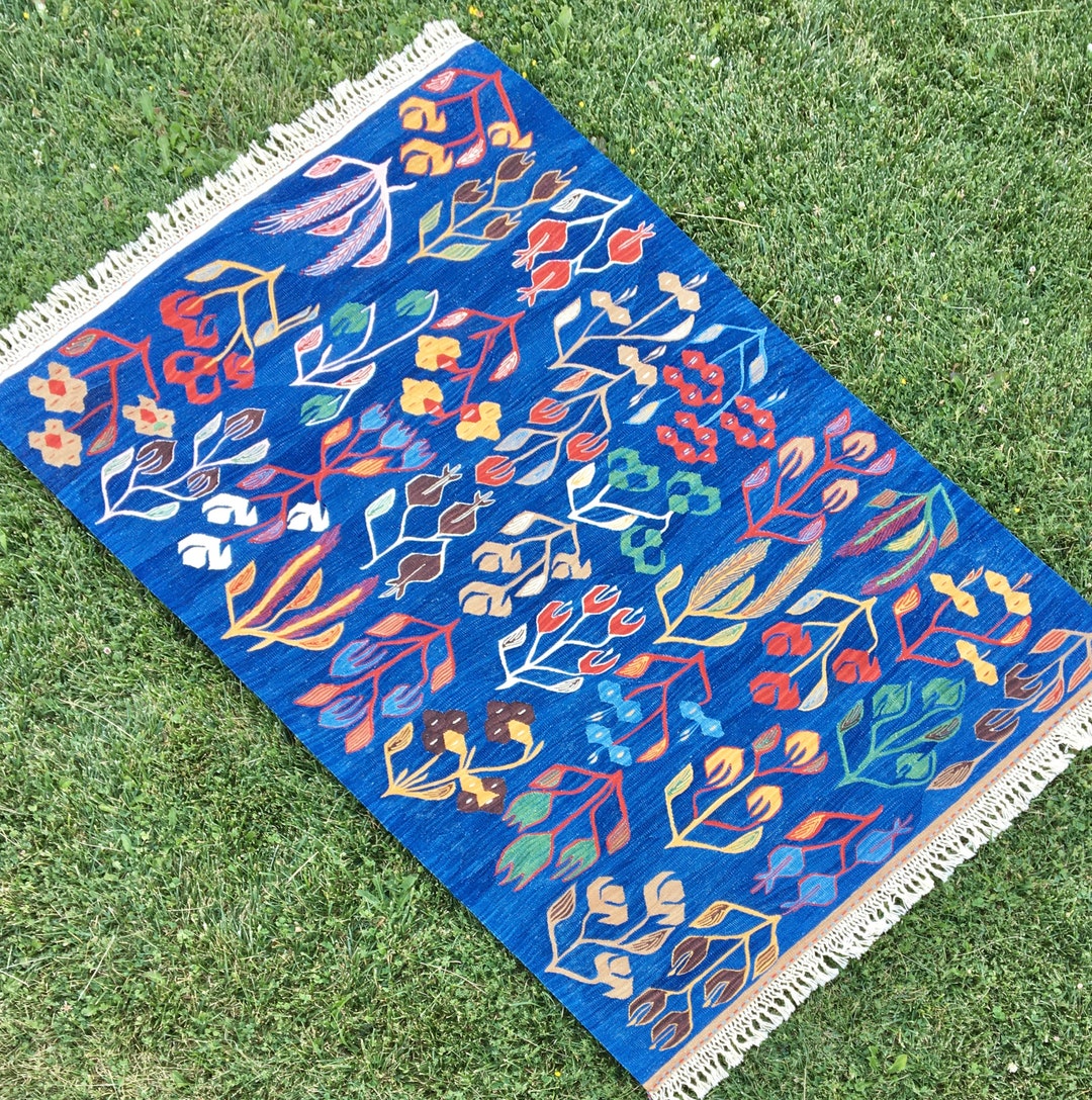 Flowers Pattern Blue Color Rug, Hand Woven Area Kilim Rug, Blue Wool ...