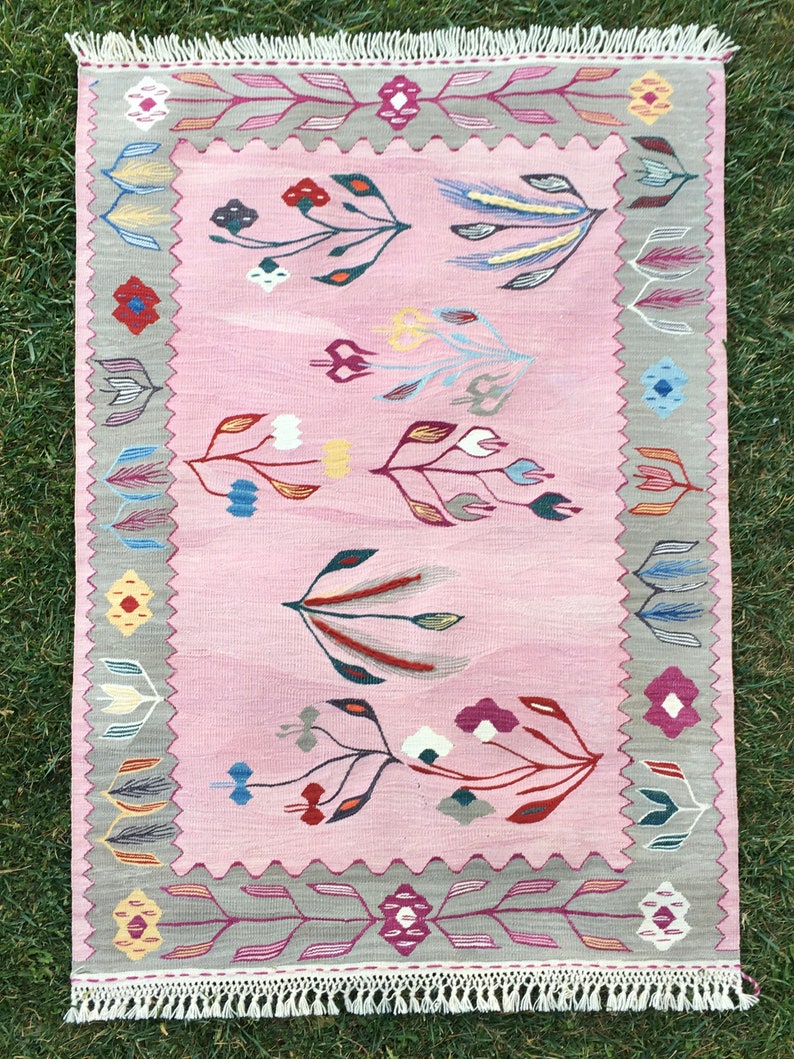 Handwoven Carpet With Colorful Pink Flower Garden Pink Etsy