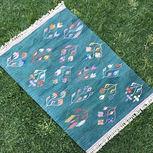 Puede incluir: Una alfombra azul turquesa con borde de flecos presenta un patr&oacute;n repetitivo de dise&ntilde;os florales estilizados de colores.
