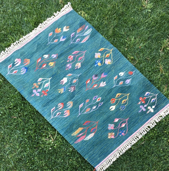 Oriental Handmade Kilim Rug, Green Rug, Floral Pattern Rug, Small Floor Area Rug, Vintage Oushak Carpet, Boho Chic Rug, 5’ x 3’3” Feet