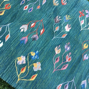 Puede incluir: Una alfombra azul verdosa con un patr&oacute;n tejido de flores y hojas de colores. La alfombra tiene una superficie texturizada y un brillo sutil.