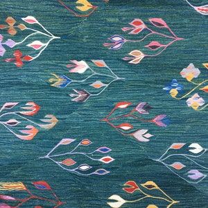 Puede incluir: Una tela azul verdosa con un patr&oacute;n repetitivo de flores estilizadas en tonos de rosa, rojo, azul, amarillo y blanco.
