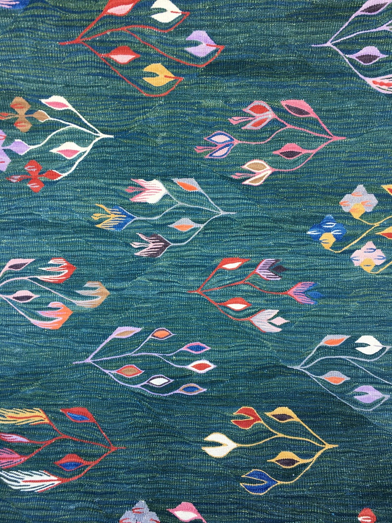 Puede incluir: Una tela azul verdosa con un patr&oacute;n repetitivo de flores estilizadas en tonos de rosa, rojo, azul, amarillo y blanco.