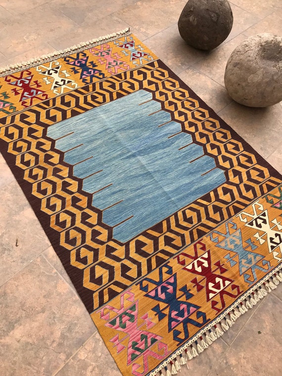 Blue Kilim Rug Oriental Vintage Rug Turkish Area Rug Oushak Etsy