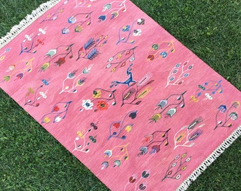 New Hand Woven Floral Pattern Pink Area Rug, Kilim Rug, Oushak Rug, Colorfull Flowers Rug, Farmhouse Floor Decoration, 4’ x 6’ feet
