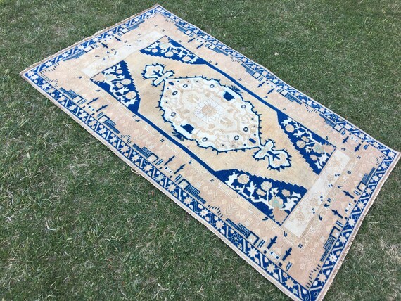 Oriental Vintage Oushak Rug, Turkish Rug, Hand Woven Rug, Distressed Low Pile Oushak Rug, Bohemian Decor Rug, Tribal Wool Rug, 6’x3’6” ft