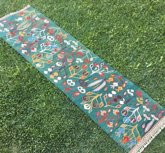 Hand Woven Green Runner Rug, Flowered Rug Runner, Vintage Kilim Carpet Runner Rug, Oriental Handmade Boho Hallway Rug, Turkish Rug, 8’5x2’4