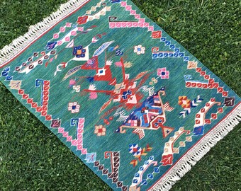 Handmade Green Florals Wool Kilim Rug, Washable Rug, Tapis Kilim, Boho Rug, Rustic Home Kilim, Modern Farmhouse Decor, Green Kilim, 3’3x4’3