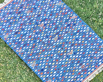 Blauer Kelim Teppich, Kelim Teppich, Perserteppich, Handgemachter Teppich, Türkischer Teppich, Oushak Teppich, Vintage Teppich 1,60 x 1,60 cm