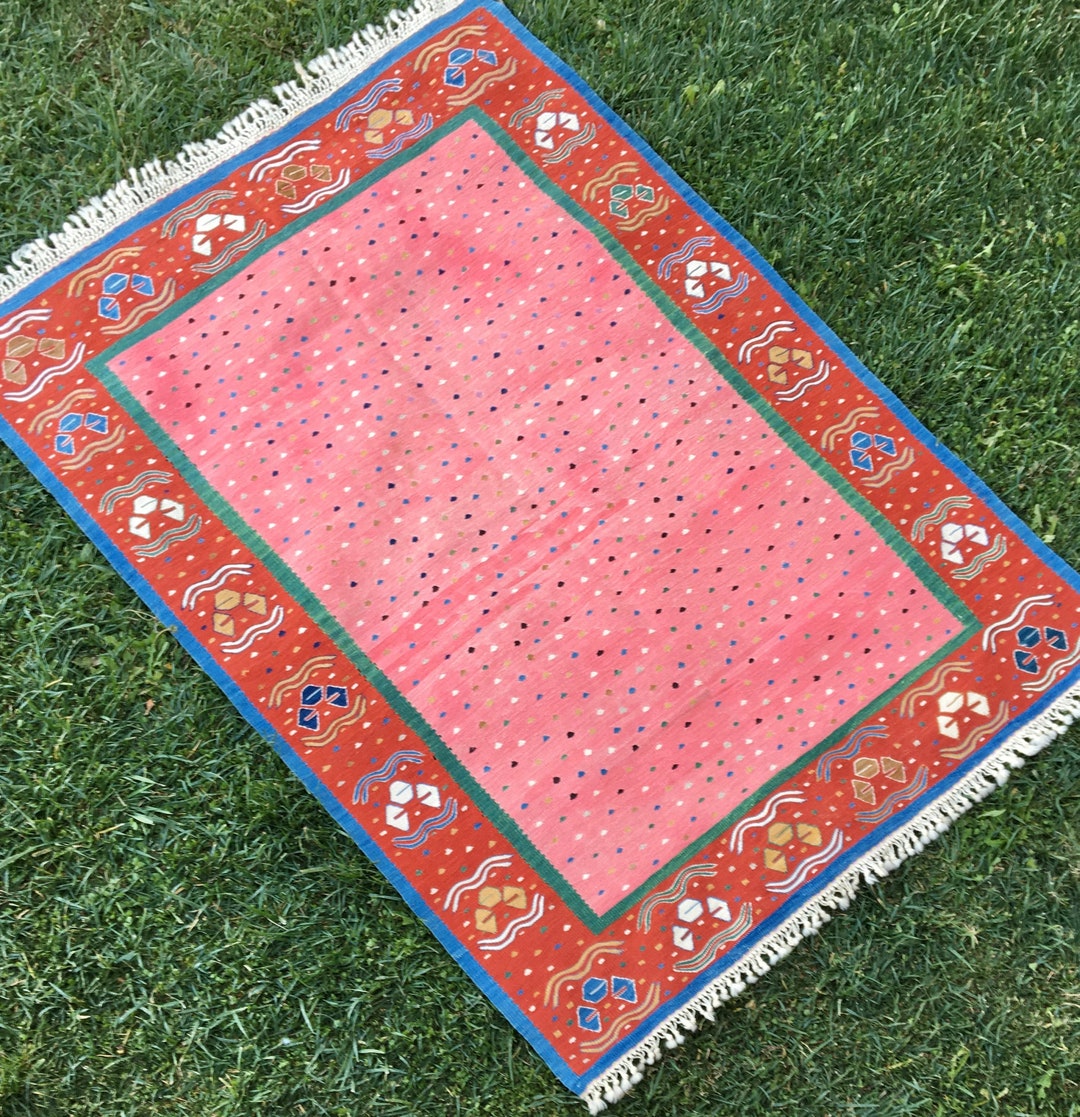 Hand Woven Pink Kilim Rug, Oriental Red and Pale Pink Kilim Rug, Sugar