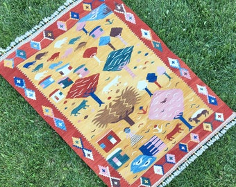 Kilim Rug, Hand Woven Rug, Area Rug, Nature Picture Rug, Southwestern Rug, Living Room Rug, Boho Kilim Rug, 3’8”x5’3” feet