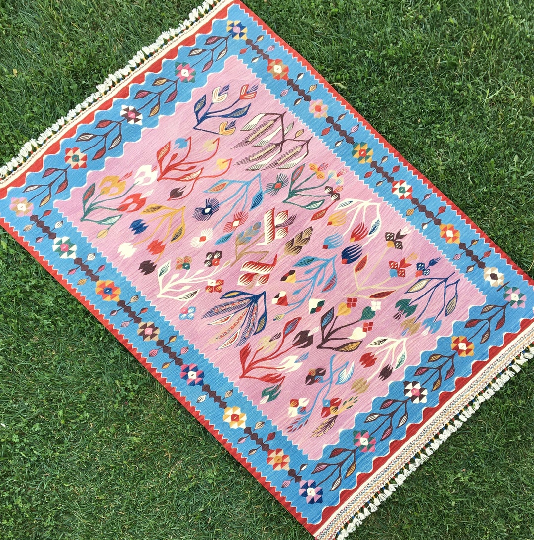 Decorative Oriental Old Turkish Pink Rug, Antique Village Pink Kilim