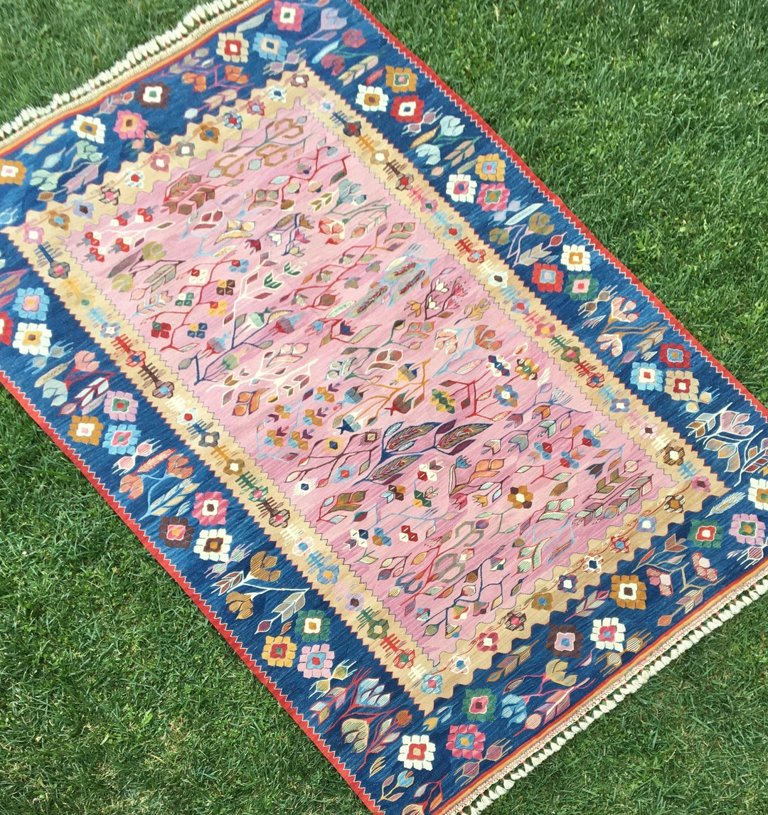 54x8 Feet Floral Pink Kilim Rug Pink Rug Tribal Kilim Etsy