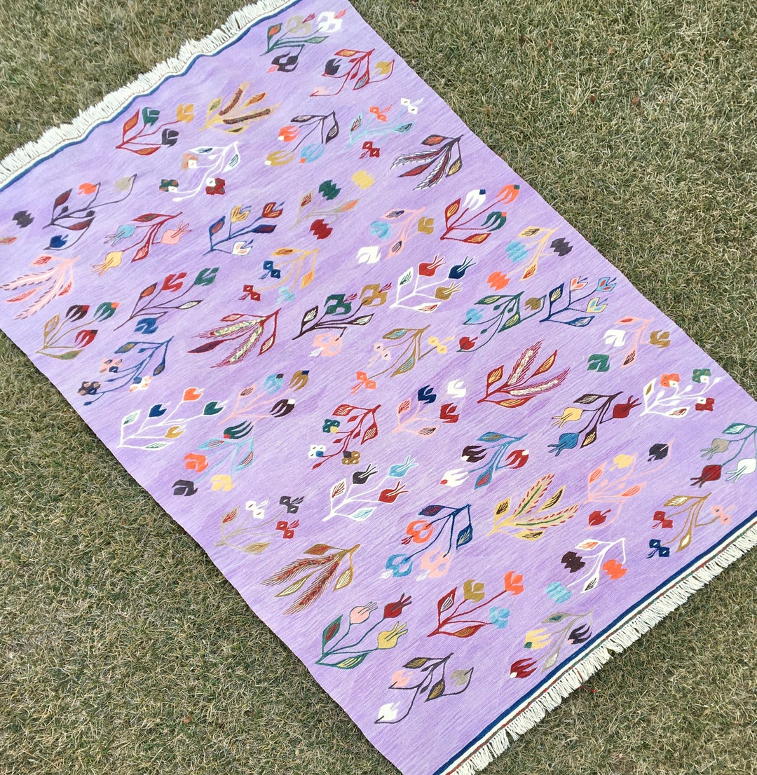 Lilac Rugs Pattern 5’x7’6” Feet, Floral Lilac Color Rug, Handmade Wool Rug, Kilim Rug ...