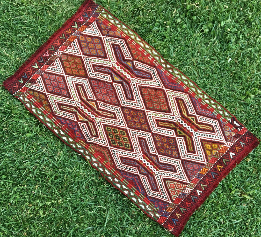 Ethnic Rug, Rustic Small Rug, Embroidery Red Kilim Rug, Oriental Rug, 1 ...