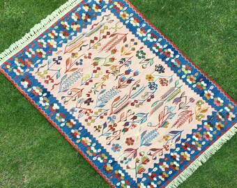 Handmade Pink and Blue Rug, Kilim Rug, Flowers Pattern Rug, Modern Farmhouse Area Rug, Oushak Rug, Oriental Boho Rug, Pink Rug, 4’4”x6’4” ft
