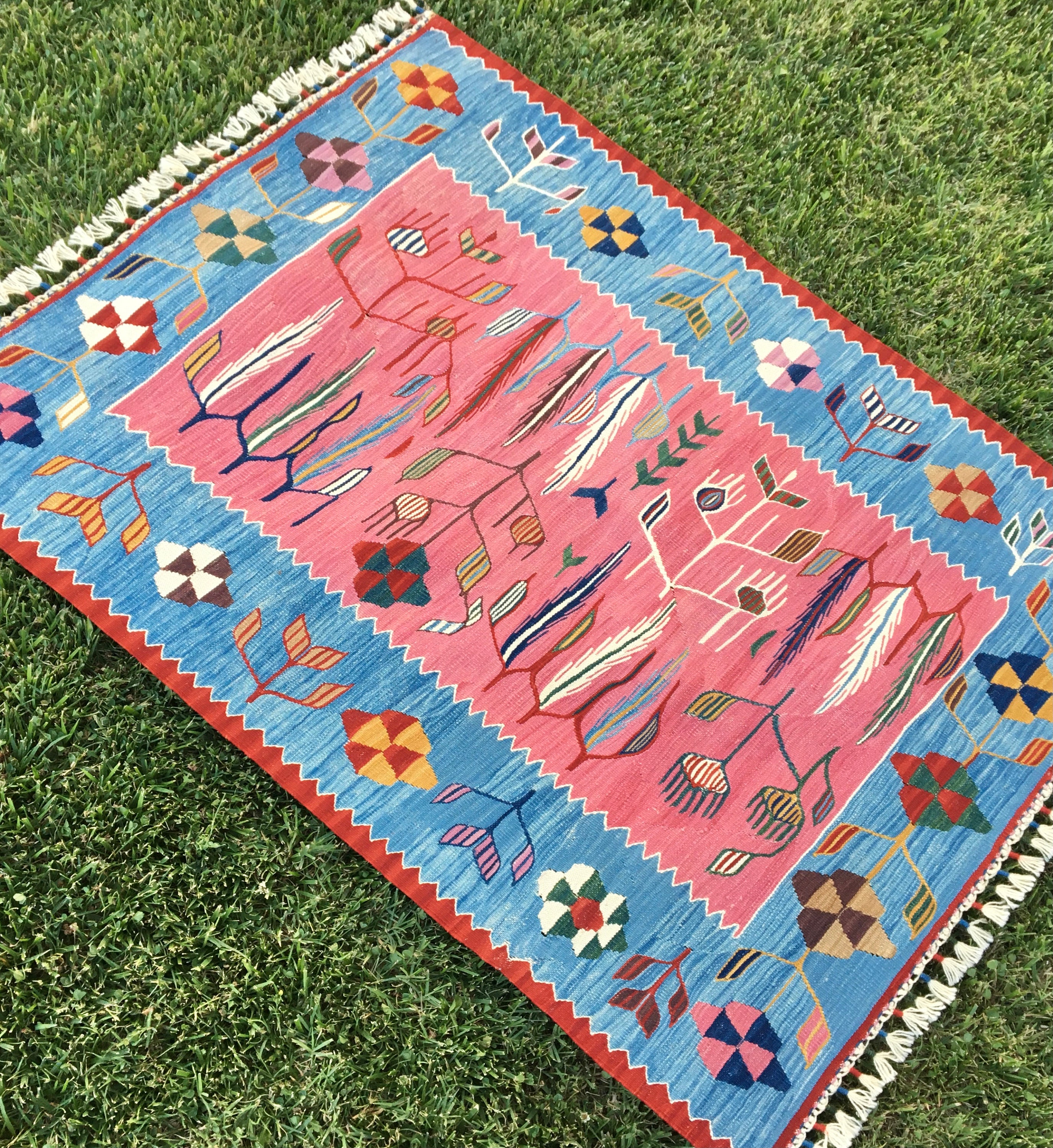 Oriental Handwoven Pink and Blue Flower Floor Kilim Rug Etsy