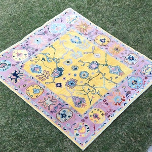 Yellow and Lilac Rug, Colorfull Area Rug, Hand Knotted Wool Rug, Boho Rug, Oushak Rug, Living Room Home Rug, Bedroom Rug, 7’6 x 8’5 feet